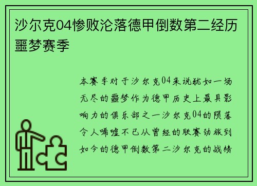 沙尔克04惨败沦落德甲倒数第二经历噩梦赛季