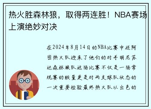 热火胜森林狼，取得两连胜！NBA赛场上演绝妙对决